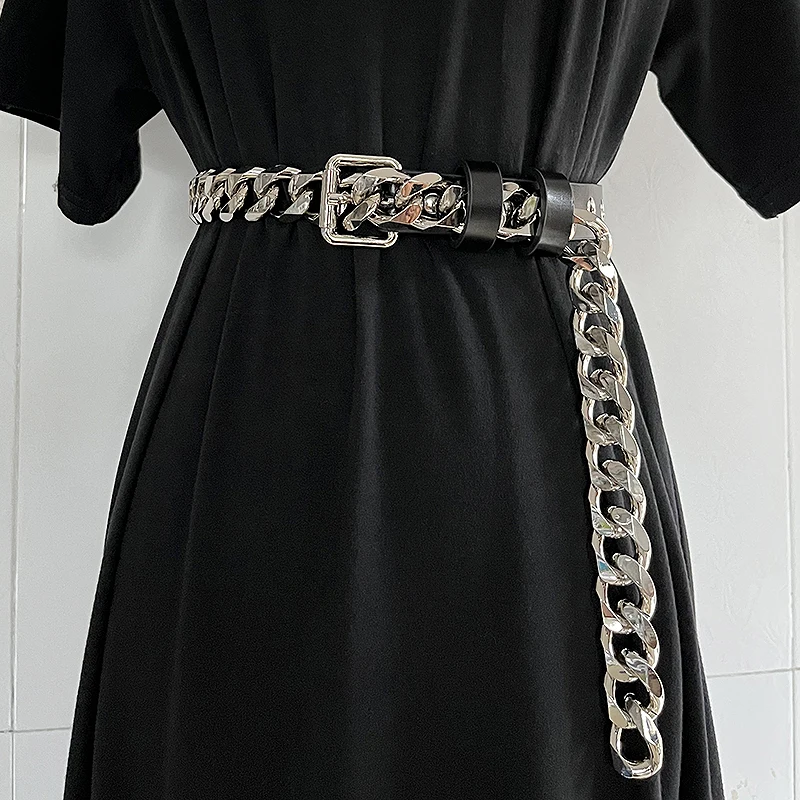 Women's Fashion Genuine Leather Metal Chain Cummerbunds Female Dress Corsets Waistband Belts Decoration Wide Belt TB1303