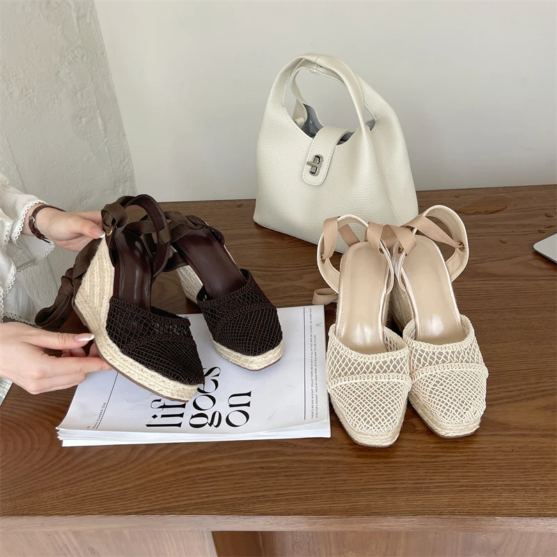 Ladies Summer Sandals Brown Wedges Heels For Woman Closed Shoes Cross Strappy Platform Sandals Chunky Heeled Beige Shoes - view 5