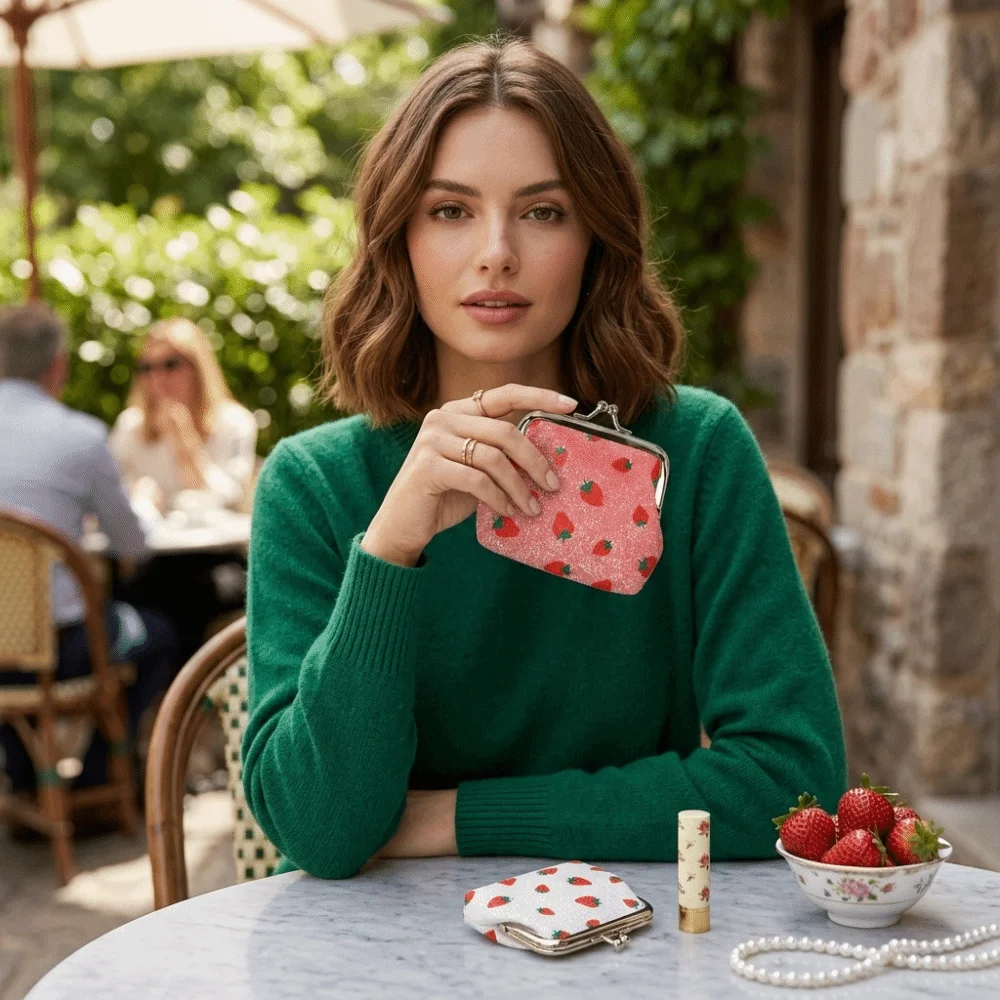 Elegant Fruit Pattern Coin Purse Strawberry Cherry Print Multifunctional Lipstick Pouch Hasp Closure Small Wallet Card Storage