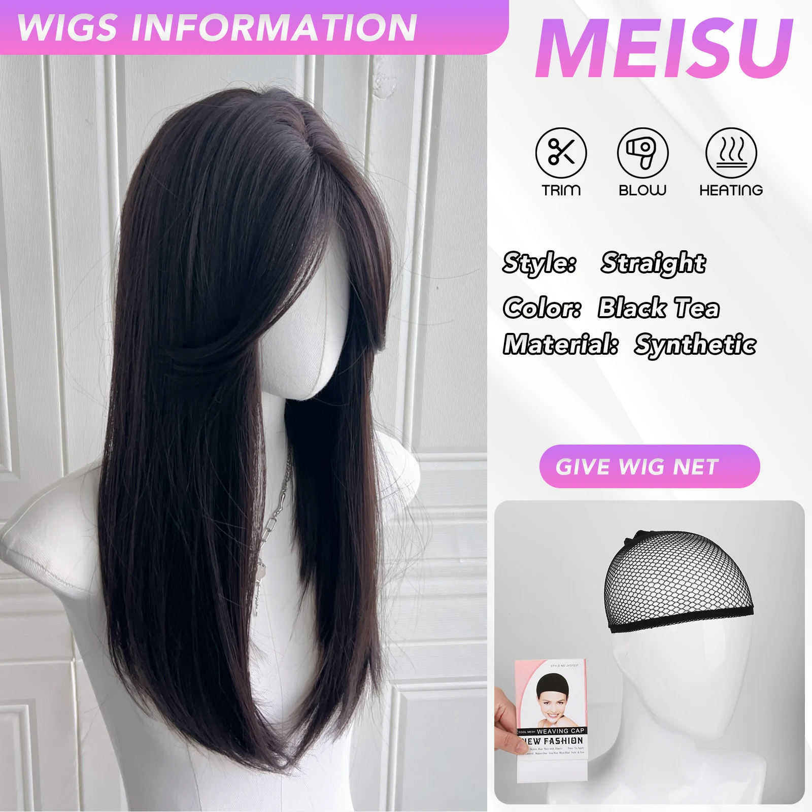 MEISU 24 بوصة الشاي الأسود الاصطناعية الانفجارات شعر مستعار مستقيم الطبقات مستقيم الباروكات الألياف مقاومة للحرارة حفلة أو صورة شخصية للنساء