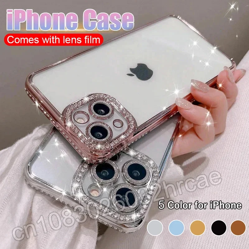 Comes With Lens Film Plating Flash Diamond Silicone Phone Case For IPhone 16 15 14 13 12 11 Pro Max Rhinestone Cover