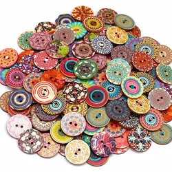 50/100 PCS 25mm Mixed Random Painted Flower 2 Hole Round Wood Button For Clothing Sewing Crafting DIY Sewing Accessories