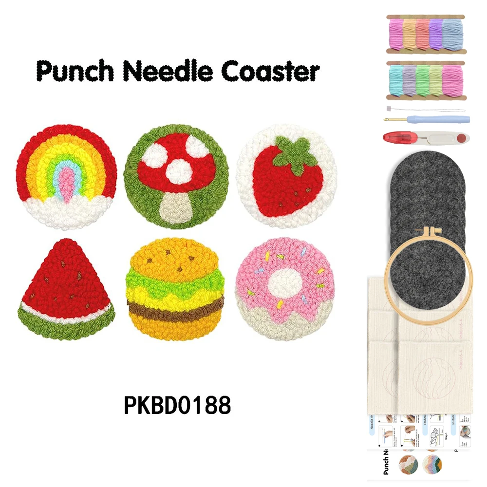 

GATYZTORY 6cs Food Pattern Punch Needle Coaster Kit for Beginners Crafts Embroidery Set Coaster Tufted Rug Pads tools