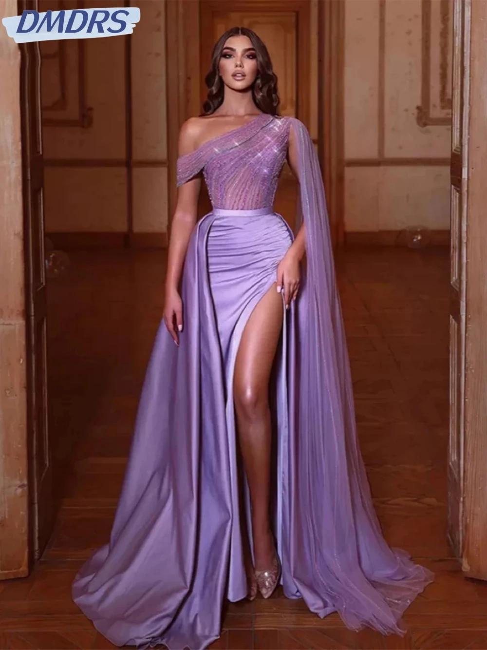 Sexy One Shoulder Prom Dress Shiny Sequins Beads Cocktail Gown Graceful Purple Satin Evening Dresses Customized Robe De Mariée