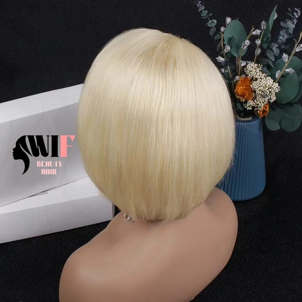 WIF Blonde Color Pixie Bob Hair Lace Front Wigs Short Cut Natural Straight 613 Gold Synthetic Wig Makeup Daily Use Women Hair