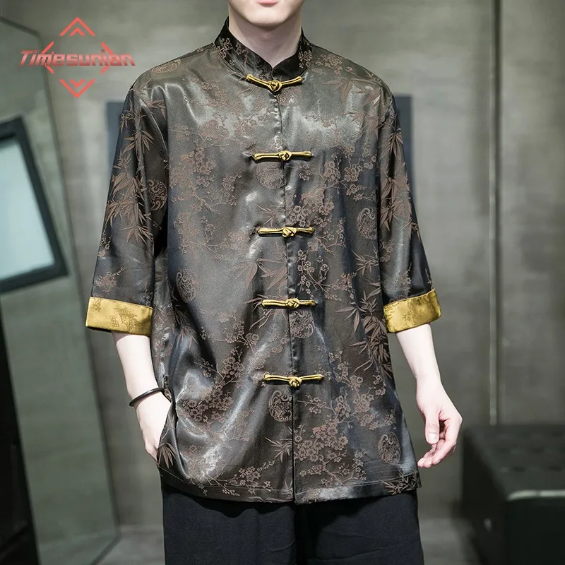 Summer Cool Ice Silk Shirts for Men Chinese Tang Suit Hanfu Men's Short Sleeve Shirt Fashion Design Disc Buckle Printed Shirt