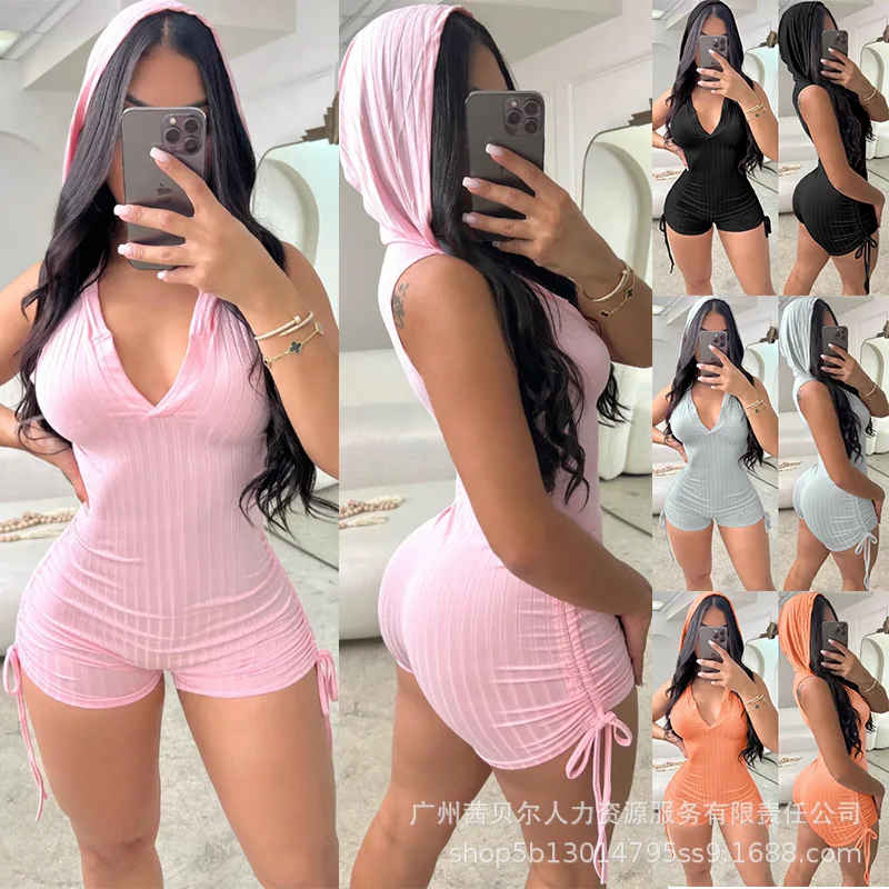 Women's Suits Solid Color Hooded V-Neck Drawstring Collapse Jumpsuit for Women