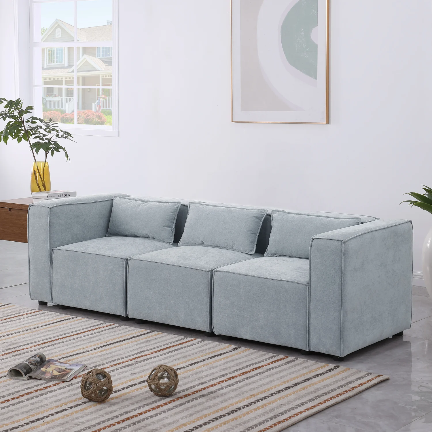 modular sofa Grayish blue chenille fabric, simple and grand, the seat and back is very soft. this is also a KNOCK DOWN sofa