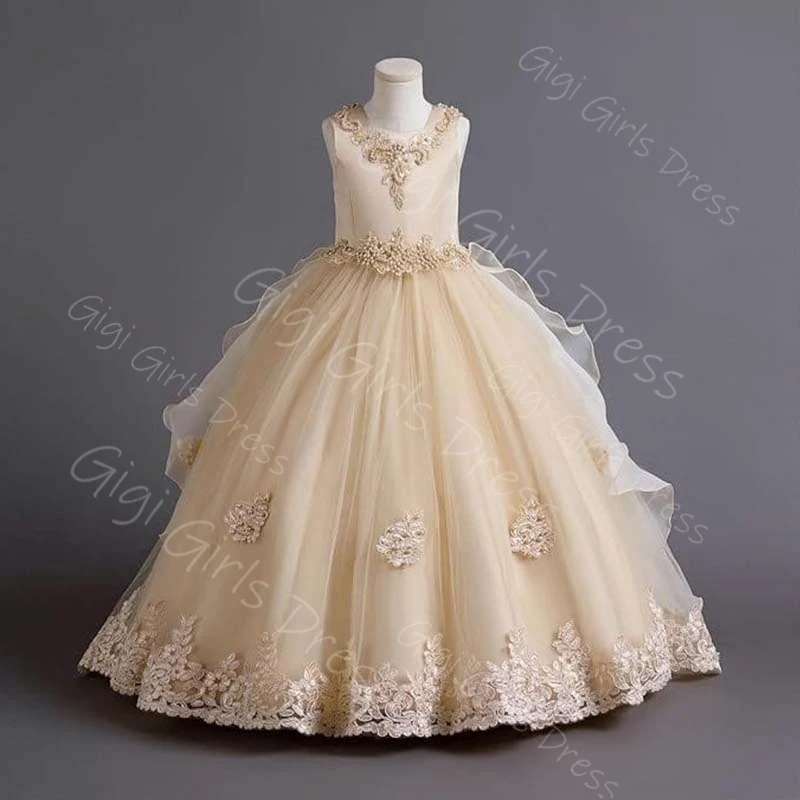 فستان فتاة الزهور بتصوير حقيقي لحفلات الزفاف للأطفال الصغار مزين بالدانتيل المطرز مكشكش من التل فستان الأميرة بالتواصل مخصص