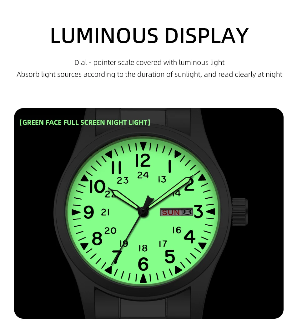 2026 Herren 38mm Leuchtende Zifferblatt-Uhr mit Tages- und Datumsanzeige, im Dunkeln leuchtend, grün, 30M wasserdicht, Felduhr mit Edelstahlarmband – Detail 9