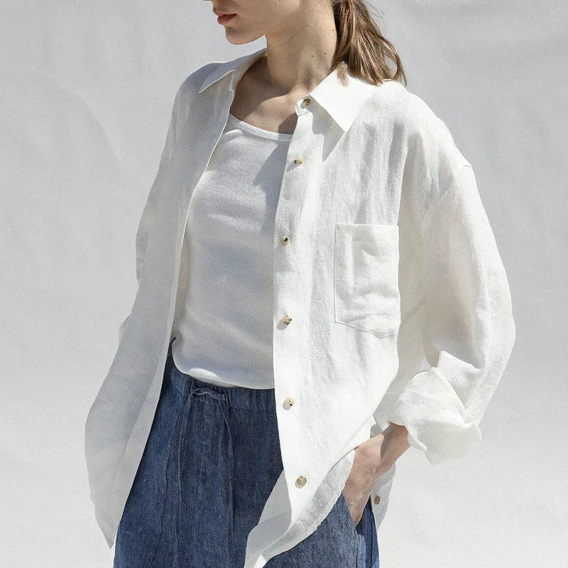 Casual 100% Linen Women Shirt Oversized  Turn Down Collar Long Sleeve Elegant And Vintage Women\'S Blouses Blusa Feminina