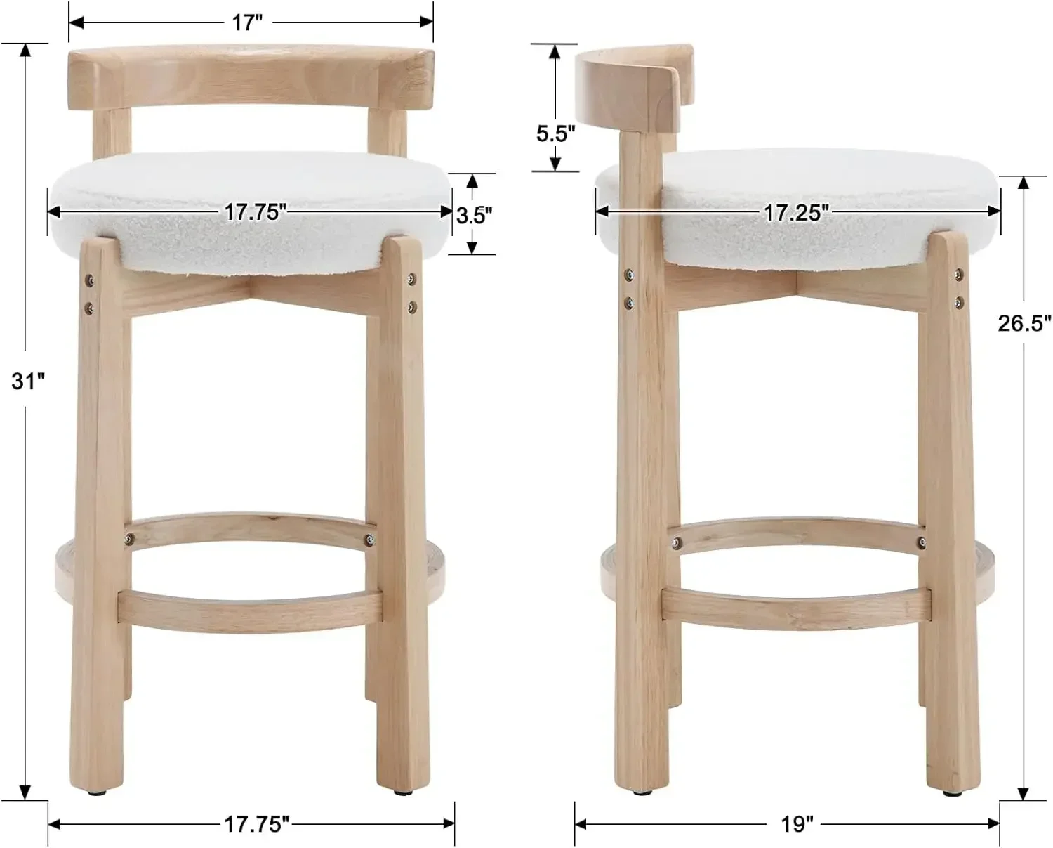 Ensemble de 4 tabourets de bar Mid-Century, comptoir sherpa de 26.5 pouces, blanc