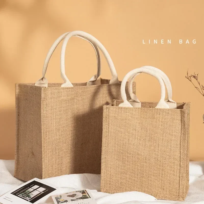 Vintage Women Linen Tote Shopper Purses Large Summer Beach Handbags Portable Eco Top Handle Shopping Bag Multiple Sizes Handbag