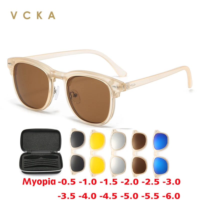 

VCKA 6 In 1 Myopia Polarized Sunglasses Men Women Clip Magnet Transparent Tea Frame Glasses Custom Optical Eyewear -0.5 to-10