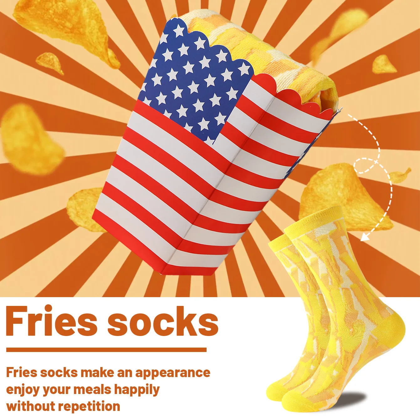 1 pair of unisex mid-calf socks in a novel and fun yellow french fry gift box, creative socks with a fashionable and trendy style, comfortable and breathable, suitable for parties, casual wear, Valentine's Day, Halloween, birthdays, Christmas, New Year, Thanksgiving, autumn and winter, all-season styles, creative gift box