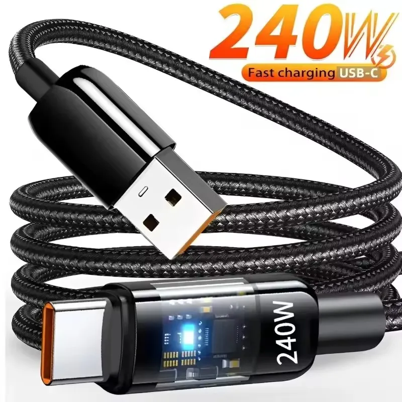 Nylon Cable 240W USB to Type C Super Fast Charging Cable for Samsung Xiaomi Huawei LED Digital Display Phone Charger Data Cord