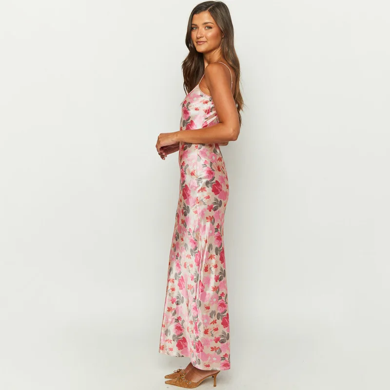 InsLucky-Robe longue à bretelles trapèze pour femme, tenue de plage, de soirée, imprimée de fleurs, en fibre mince, élégante, de bureau, à la mode, été