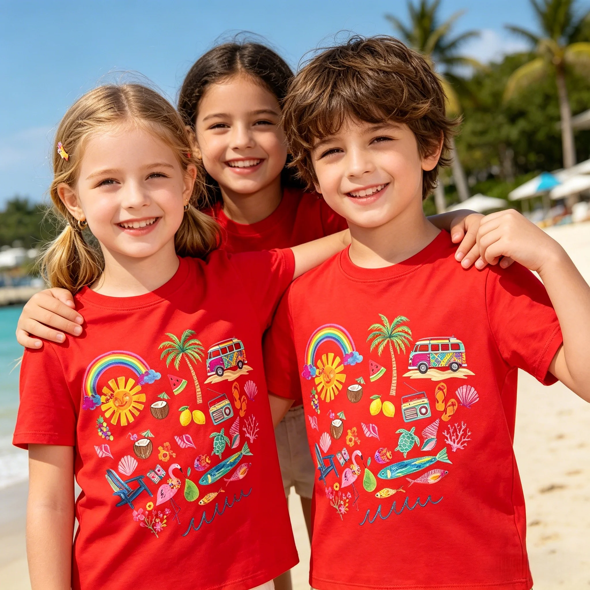 Tropical Beach Print Kids T-Shirt Loose Casual Fit Soft Breathable Cotton for Summer Daily Outdoor Activity Multiple Sizes