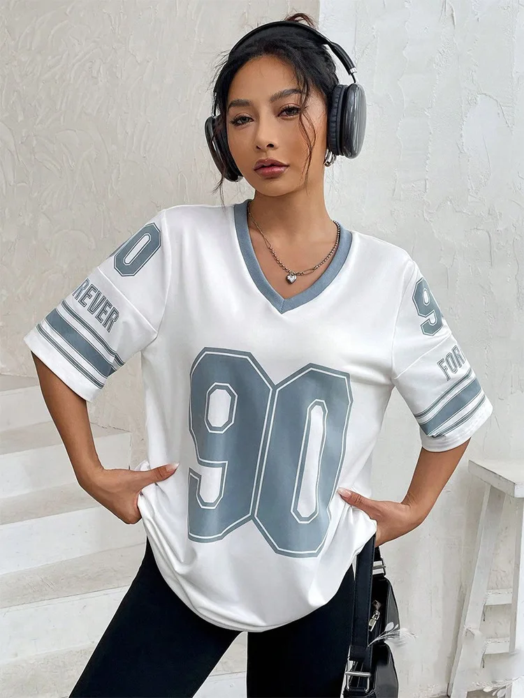 2024 Summer American New Y2K Retro Style Sports White Hip Hop Loose Digital Printed Personalized Trendy Shirt T-shirt