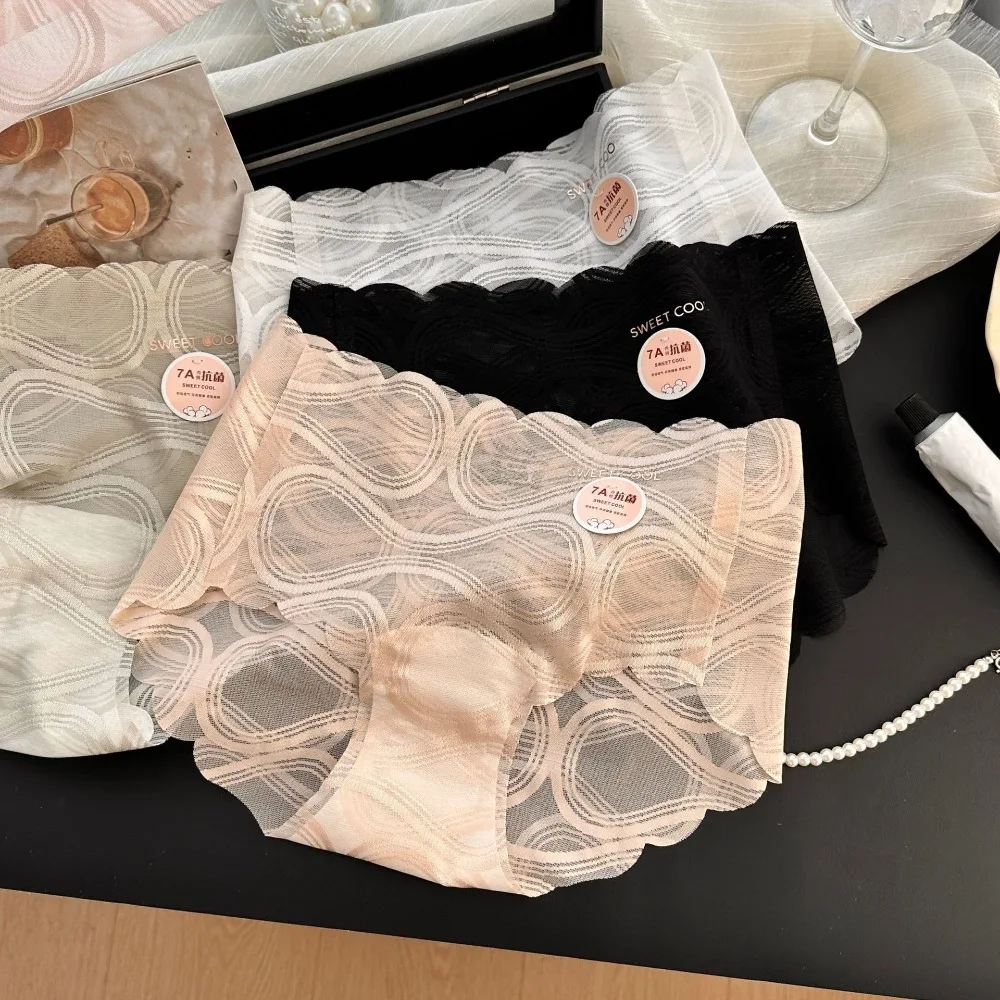 Solid Color Sweet Lace Mesh Panties Mid Waist Cotton Crotch Seamless Briefs Underpants Transparent Underwear for Women Ladies