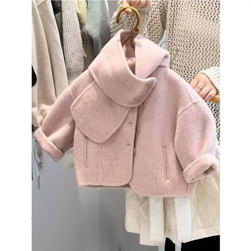 

Girls' Outerwear Children's Autumn And Winter Clothing 2025 New Style Pink Woolen Thick Top Baby's Stylish Warm Clothes