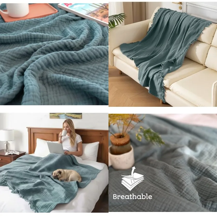 

100 Organic Cotton Muslin Blankets, 90x90, Pre-Washed, Breathable Lightweight Gauze Cotton Blanket for Couch, Adults, All Seaso