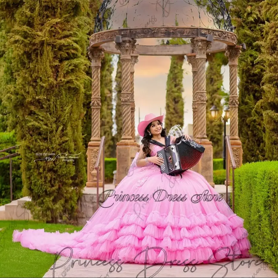 México elegante renda applique quinceanera vestidos de baile 2025 com manga frisada doce 16 vestido espartilho vestidos de anos