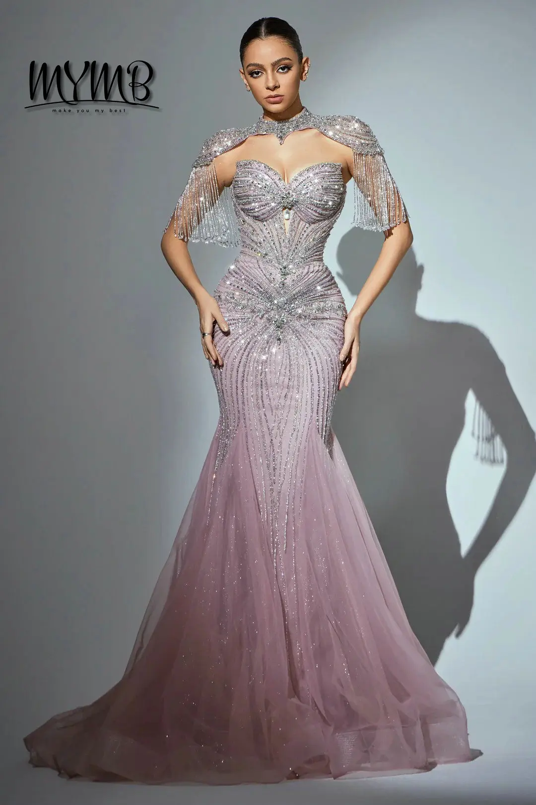 

MYMB пыльно-розовое сексуальное вечернее платье русалки элегантный дизайн со стразами-колье с бахромой и рукавами дышащее платье для выпускного вечера MC20101