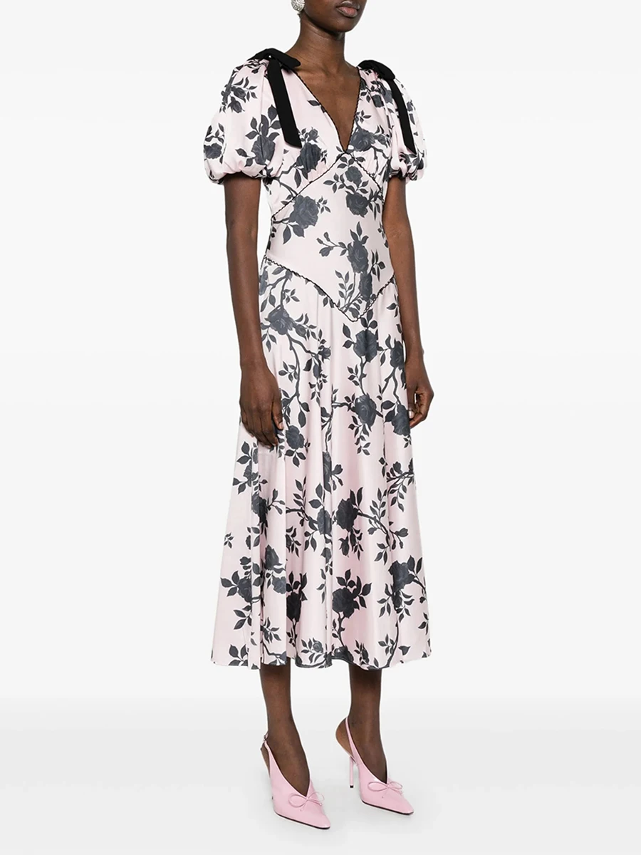 VGH Casual Printing Slimming Long Dresses For Women V Neck Short Sleeve High Waist Temperament Draped Dress Female Fashion New