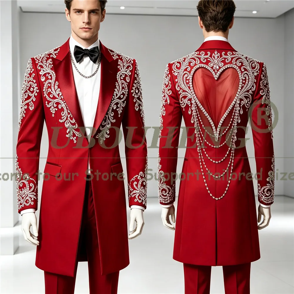 Handmade Long Men Suit For Wedding Unique Design Illusion Tulle Back Prom Blazer Beaded Stones Jacket Pants 2 Piece Sets Tuxedo