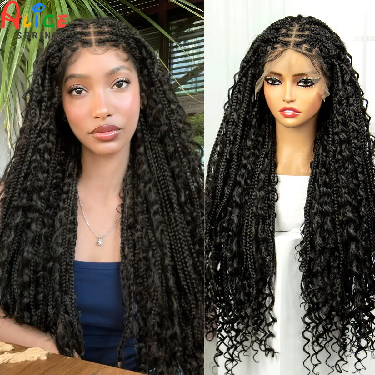 

32-дюймовые плетеные парики без узлов в стиле бохо с вьющимися концами, синтетический парик фронтальной коробки, парик Брэди для чернокожих женщин, вьющиеся плетеные волосы, парики