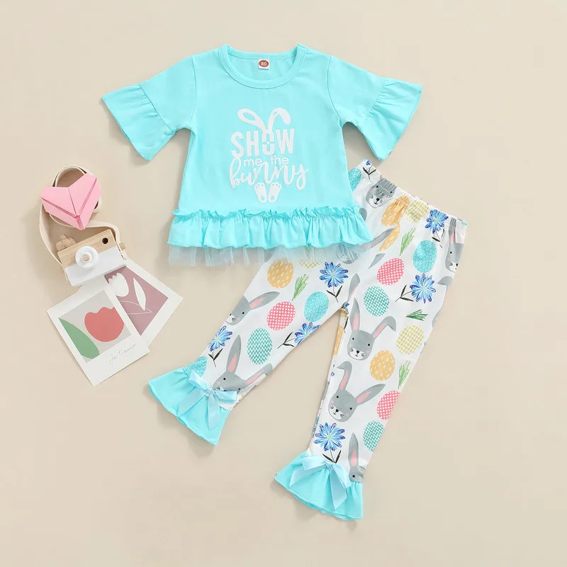 Toddlers Girls Two-Piece Outfits, Short Sleeve Round Neck Letter Pattern T-Shirt + Cartoon Animal Printing Trousers