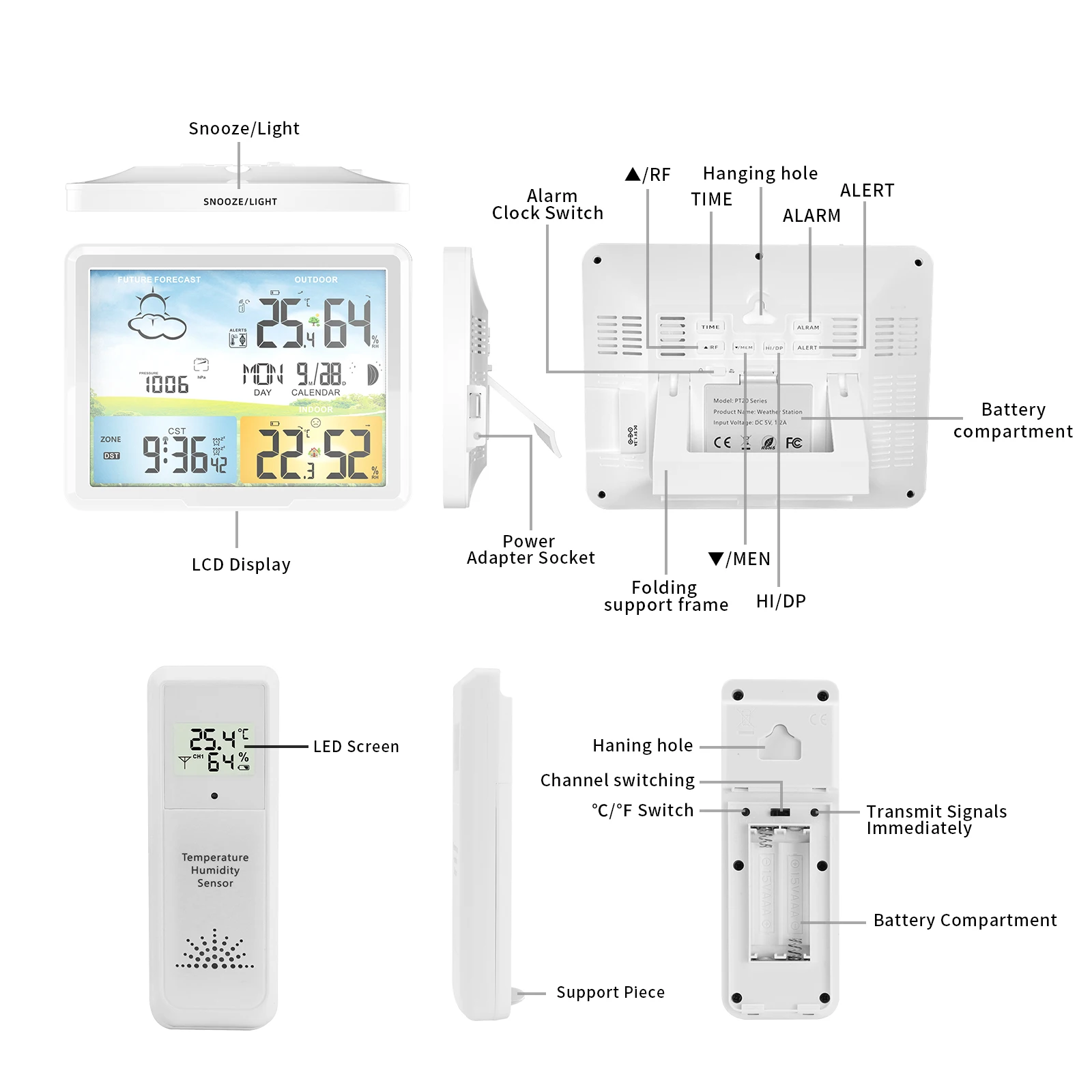 PT20 Multifunction wireless Weather Station Colorful LCD Alarm Clock Indoor Weather Forecast Barometer Thermometer Hygrometer