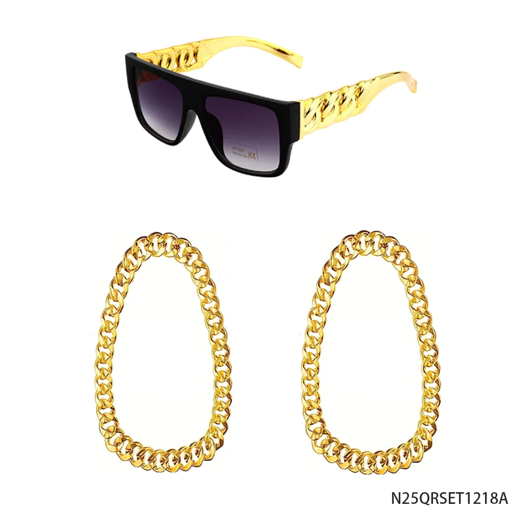 

PESENAR 90s Retro Hip Hop Costume Accessory Set Gold Chain Sunglasses Party Prop