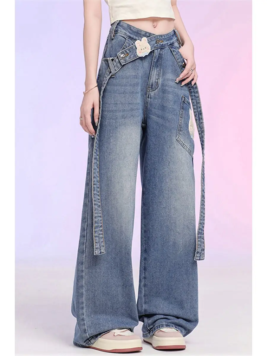 American Ribbon Jeans Cute Bear Niche Women High-Waisted Loose Straight Casual Wide-Leg Floor-Length Ins Girls Denim Pants