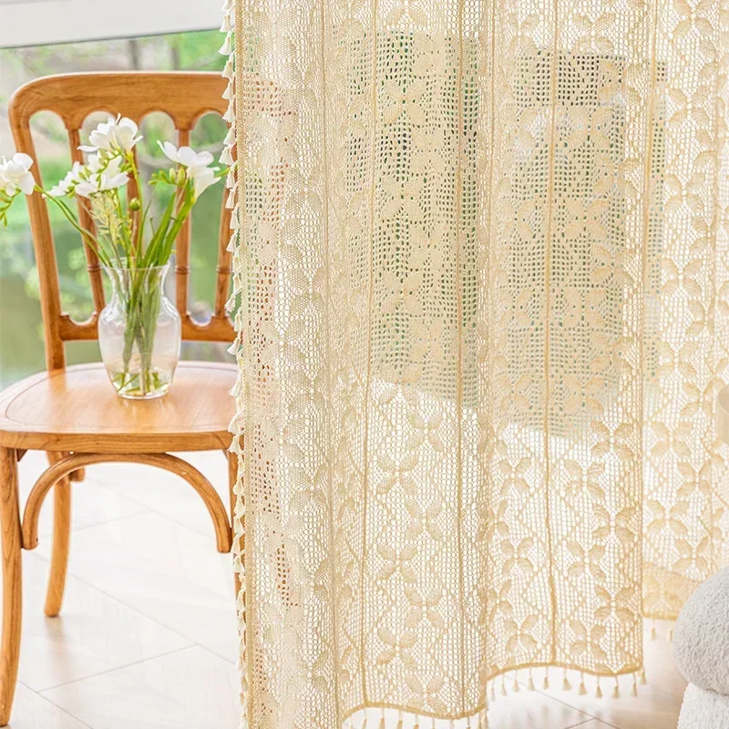 Boho Curtains for Living Room Vintage Handmade Crochet Farmhouse Hollow Out Knitting Lace Rod Light Filtering Drapes Bedroom