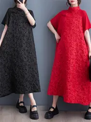 New Chinese Women's Oversized Dress 2023 Summer Fashion National Style Standing Collar Plate Buckle Jacquard Splice Dress Z2510
