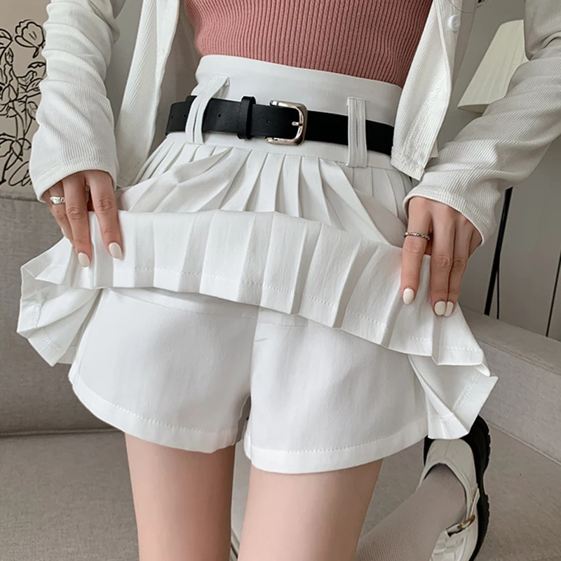 Korean Fashion White Pleated Skirts Women Summer 2025 High Waist Suit Shorts Woman College Style A Line Shorts Skirt Female