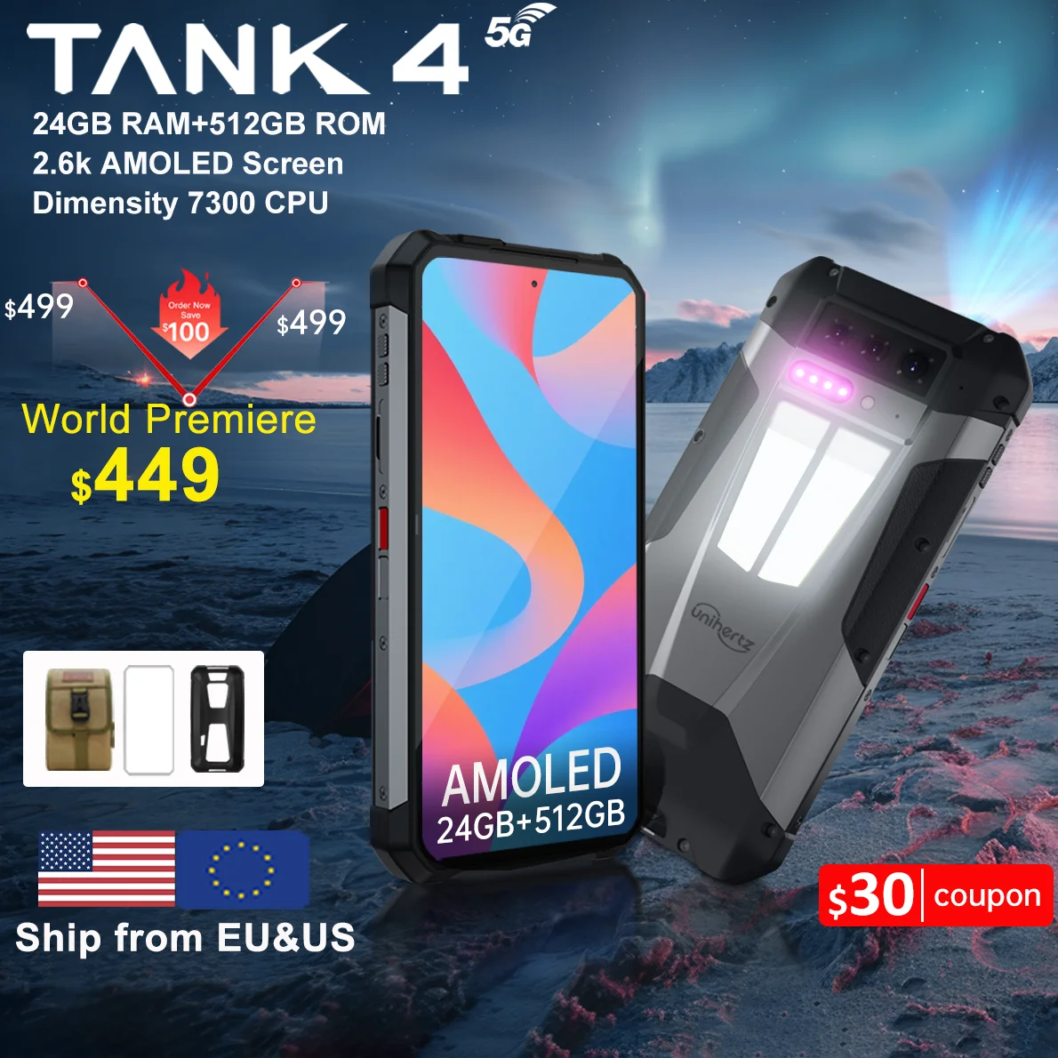 Unihertz by 8849 Tank 4 5G Phone Built-in 720P Projector 11600mAh 24GB 512GB Dimensity 7300 2.6k AMOLED 120H Wifi 6 IP68/IP69K