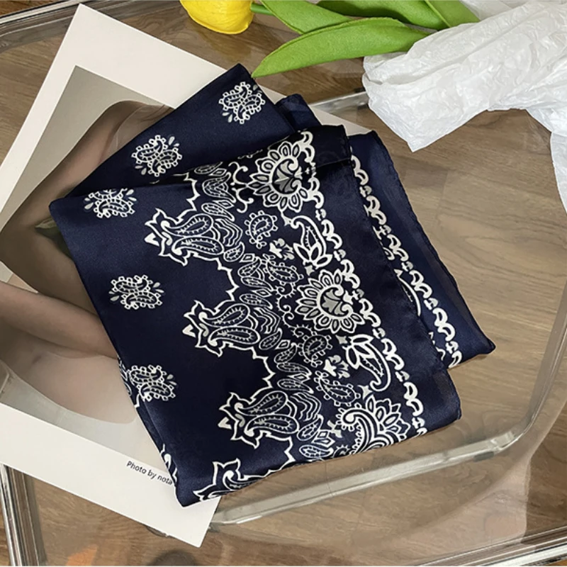 Vintage Blue Silk Square Scarf Women Satin Shawl Wrap Hijab Female Hair Band Wrist Luxury Headkerchief 70*70cm Echarpe Bandana