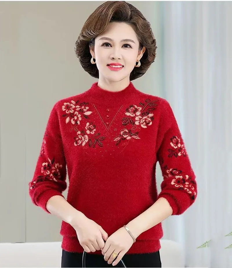 Maglione da donna alla moda Nuovo autunno inverno Camicia con fondo simile al visone Pullover lavorato a maglia Maglioni lavorati a maglia per madre di mezza età femminile