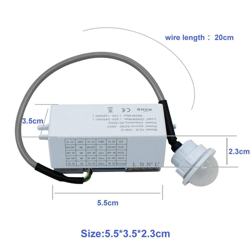 AC 90-265V 5.8G Auto Microwave Motion Sensor  1200W Radar Delay Sensing Range Light Intensity Adjust Auto Body Motion Detector