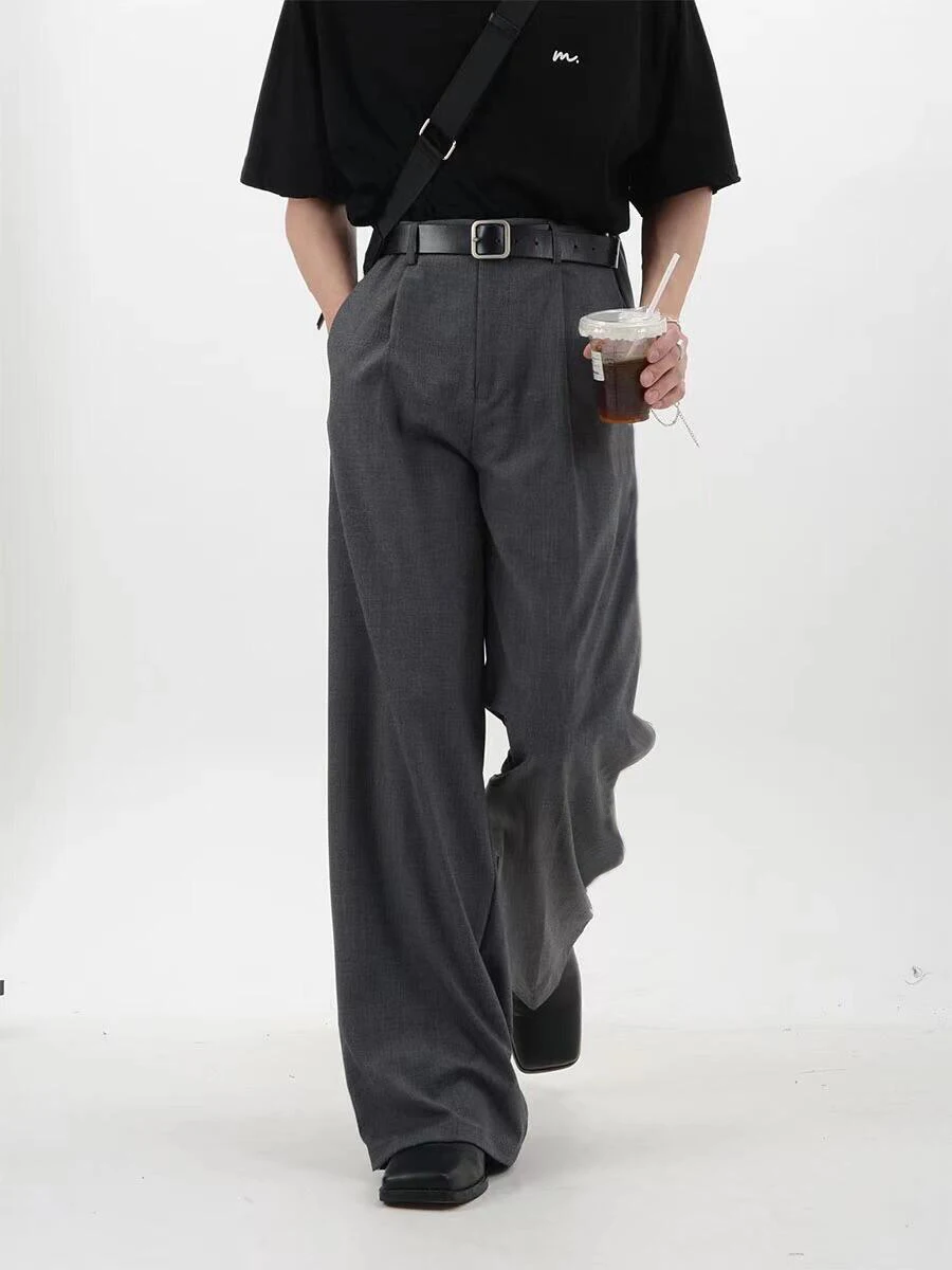 REDDACHiC Business Casual Men Suit Pants Gray Plain Wide Leg Pleated Front High Waist Pockets Draped Dress Pants Male Trousers