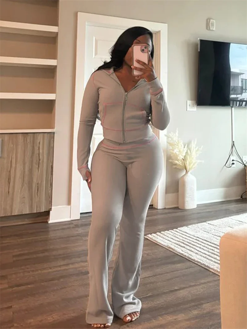 스트릿웨어 와플 2 피스 세트, 여성용 의상, 용수철 의류, 여성용 후드 크롭탑 플레어 바지 세트, 캐주얼 운동복 세트