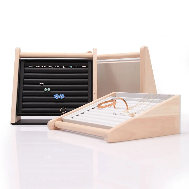 Wood Slope Jewelry Display Necklace Pendant Earrings Rings Organizer Stand Holder Rack Showcase Tray