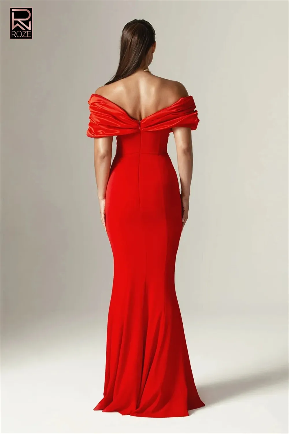 レディース高級レッドプロムガウン エレガントなオフショルダーVネックオープンレッグマキシロング ソフトで快適なワンピース セレブリティイブニングガウン