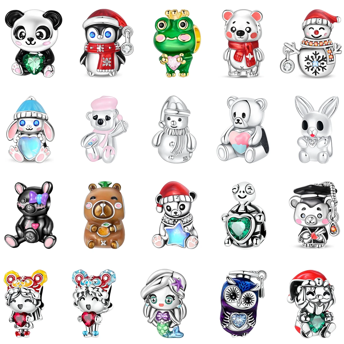 S925 Silver Plated Cute Winter Animal Panda Penguin Snowman Bunny Bear Charm Enamel Inlaid Gem DIY Bracelet Gift Fine Jewelry