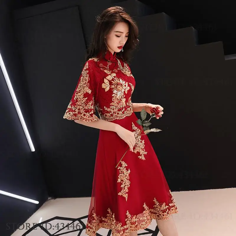 Vestido de novia de estilo chino, elegante vestido de tul bordado para mujer, vestido de fiesta de noche, Vestidos clásicos con cuello mandarín 3XL