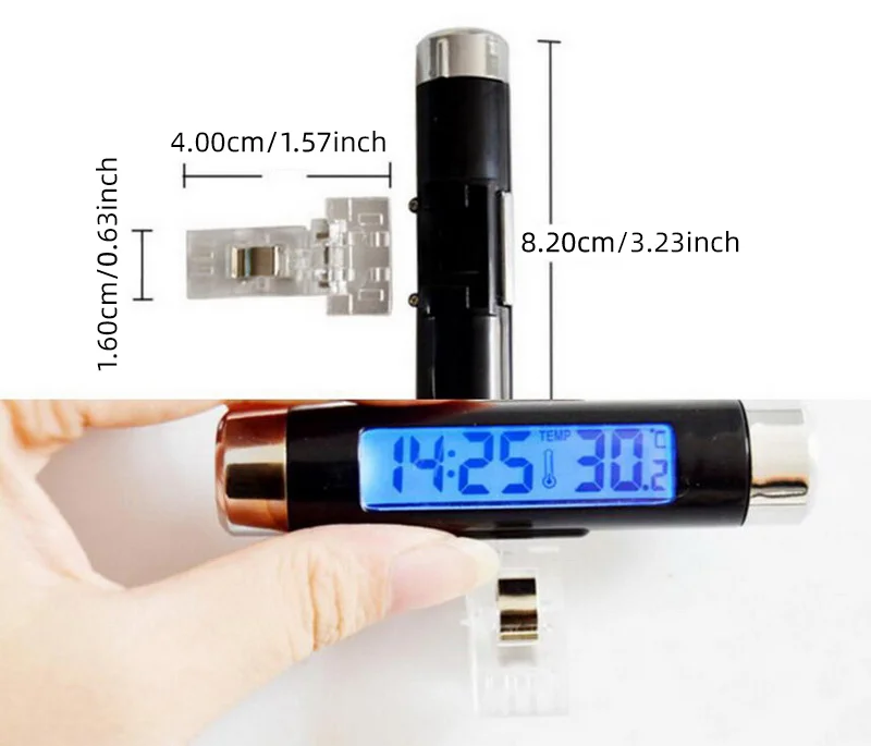 Automotive Mini LCD Clip-on Thermometer Clock Voltmeter 2 in1 Digital Blue Backlight Car Interior Accessory