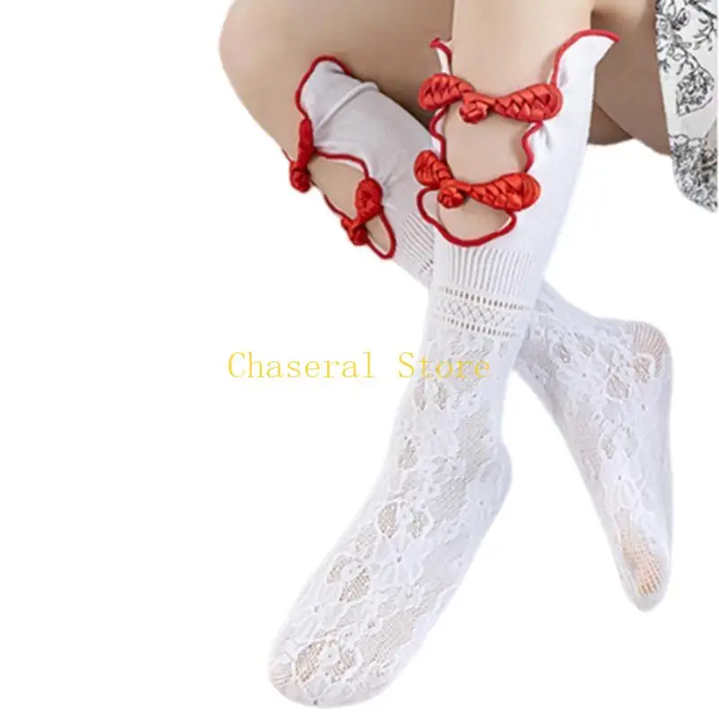 

E7CE Chinese Chipao Button Socks Fashionable Cheongsam Buckle Decorative Front Opening Socks for Girls Calf Socks